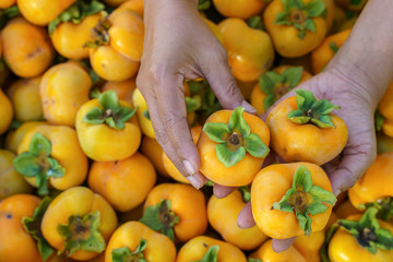 Hand holding fresh ripe persimmons in basket. Persimmons background.