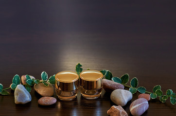 Cosmetic mock up bottles. Branding products, beauty background. Natural skincare beauty product concept on a dark background. pebbles and green leaves