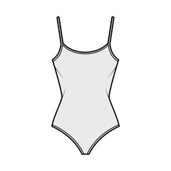 Cotton-jersey tank bodysuit technical fashion illustration with fitted body, sleeveless. Flat outwear cami apparel template front, grey color. Women men unisex top CAD mockup. 