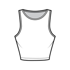 Cropped cotton-jersey tank technical fashion illustration with slim fit, waist length, crew neckline. Flat outwear basic apparel template front, white color. Women, men, unisex shirt top CAD mockup