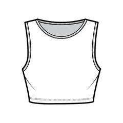 Under bust crop top technical fashion illustration with slim fit, crew neckline cotton-jersey tank. Flat outwear camisole apparel template front, white color. Women men unisex shirt CAD mockup