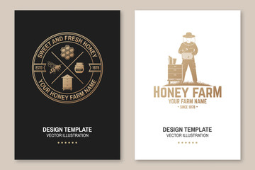 Honey farm poster, flyer, template. Vector. Concept for poster, flyer, template. Vintage typography design with honeycomb piece and beekeeper silhouette. Retro design for honey bee farm business