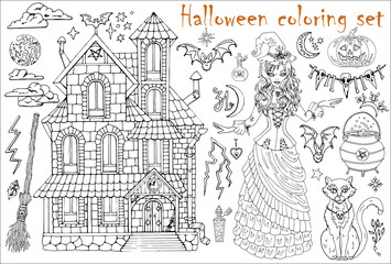 Obraz premium Halloweenowa kolorystyka z piękną czarownicą w kostiumie, domu, kotu, garnku i przerażających przedmiotach.