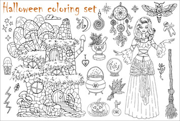 Halloween coloring set with beautiful witch girl, house, moth, broom and dreamcatcher isolated on white.