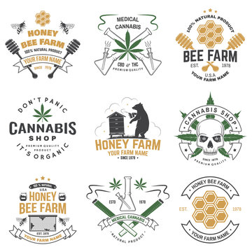 Set of Honey bee farm and medical cannabis shop badge. Vector. Concept for shirt, print, stamp or tee. Design for honey bee farm, weed shop, marijuana delivery