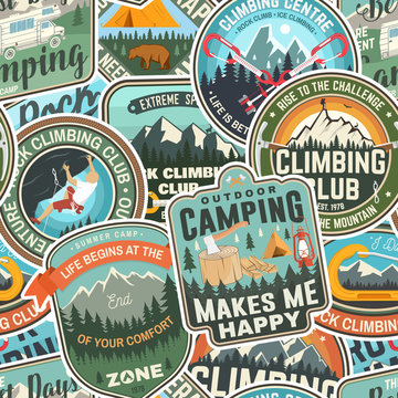 Summer camp and rock climbing colorful seamless pattern with climber, carabiner and mountains. Vector. Background, wallpaper, seamless pattern with patches