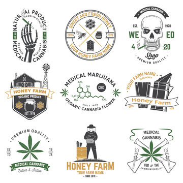 Set of Honey bee farm and medical cannabis shop badge. Vector. Concept for shirt, print, stamp or tee. Design for honey bee farm, weed shop, marijuana delivery
