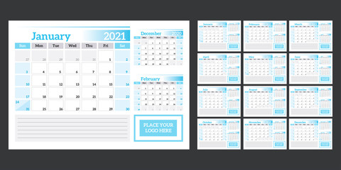 Calendar 2021. Blue horizontal office quarterly calendar in a simple style.