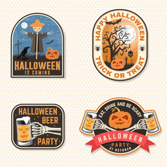 Halloween Beer party patch. Halloween retro badge, pin. Sticker for logo, print, seal. Scarecrow with raven, pumpkin, skeleton hand with glass of magic beer. Typography design- stock vector.