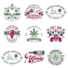 Set of wine company and medical cannabis shop badge. Vector. Concept for shirt, print, stamp or tee. Design for winery company, bar, pub, weed shop, marijuana delivery