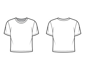 Naklejka premium Cropped cotton-jersey t-shirt technical fashion illustration with relaxed fit, crew neckline, short sleeves. Flat outwear basic apparel template front back white color. Women men unisex top CAD mockup