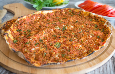Traditional delicious Turkish foods; Turkish pizza; Lahmacun