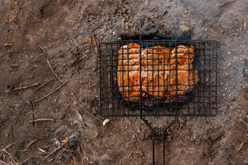 Marinated pork on a grill in the woods. Meat is fried on coals, fire, on the river bank. Grill on the campaign trail. Meat is cooked on charcoal from branches