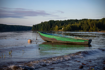 Moored boat on the Bank of the river Svir
