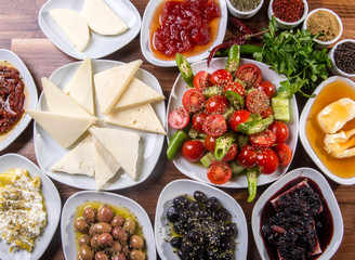 Travel concept: setup with traditional turkish breakfast