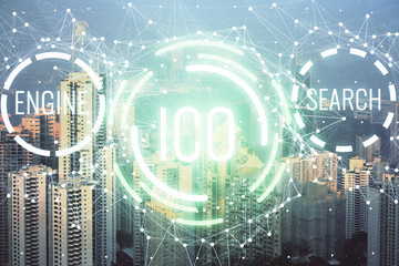 Double exposure of crypto currency theme hologram drawing and city veiw background. Concept of blockchain and bitcoin.