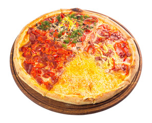 pizza with four different type of toppings. tasty quadruple italian family food on the round wooden board. isolated on the white background
