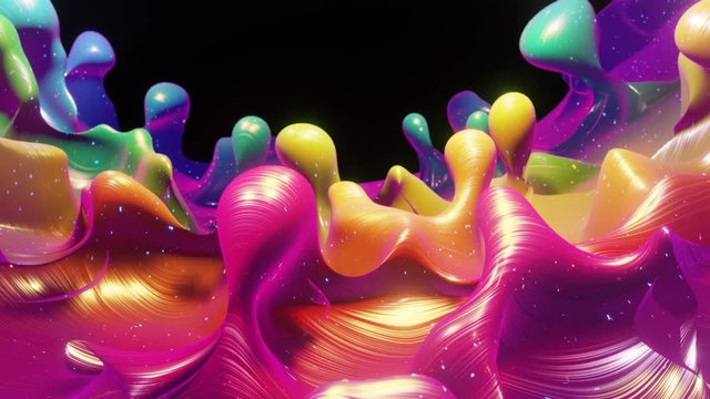 Smooth abstract animation of liquid gradient rainbow color in 4k. Bright glossy paint surface as abstract looped festive background. Glitters on viscous liquid with 3d splashes on surface like drops.