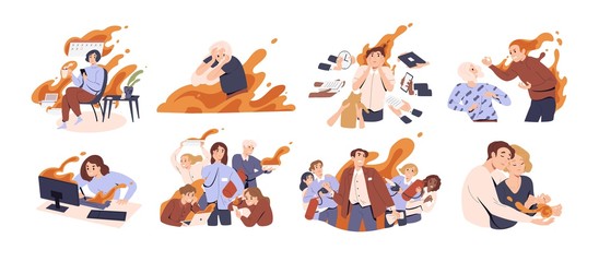 Set of different people in fire vector flat illustration. Collection of man and woman feeling stress at work, anger, or love surrounded by flame isolated on white. Concept of emotional expression
