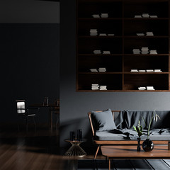 Scandinavian style interior with wooden furnitures. Minimalist interior design. 3D illustration.