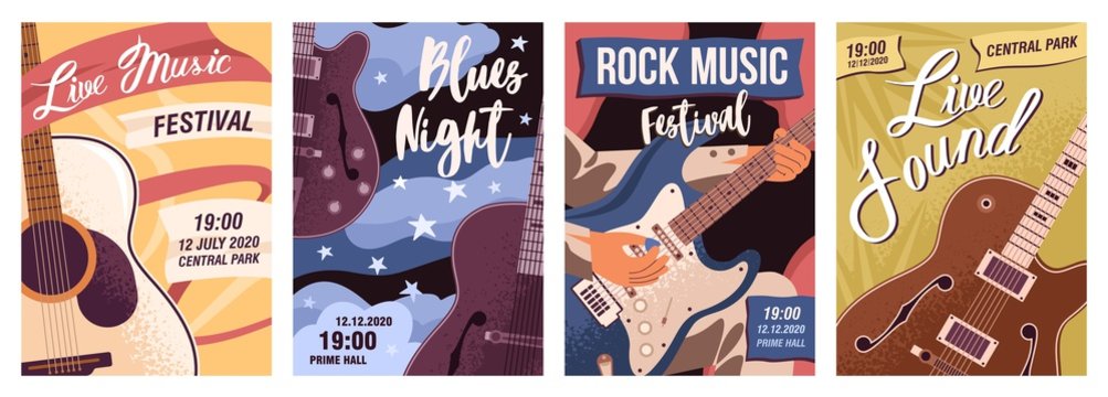 Set of posters with guitars vector flat illustration. Collection flyer templates of live music, rock festival and blues night with place for text. Promo of concert, party with musical instruments