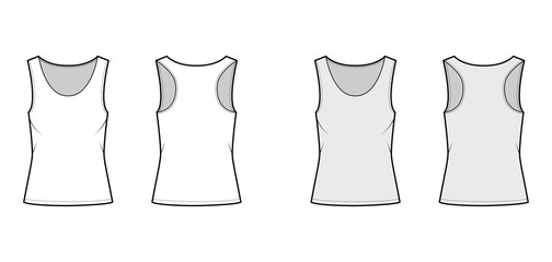 Racer-back cotton-jersey tank technical fashion illustration with relax fit, wide scoop neckline. Flat outwear cami apparel template front, back white grey color. Women men unisex shirt top CAD mockup