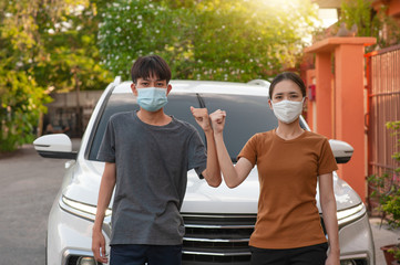 Asian man and women shake hand no touching to protect corona virus concept new normal social...