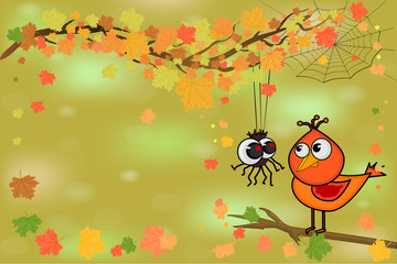 Cute bird and spider on tree branch. Spider and bird look at each other on autumn background. Happy Halloween or fall poster, greeting card, postcard. Stock vector in cartoon style with copy space