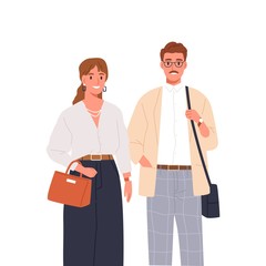 Fototapeta premium Stylish happy man and woman standing together vector flat illustration. Smiling couple or colleagues in trendy outfit isolated on white. Portrait of people posing in classy clothes and accessories