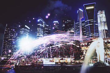 Fototapeta premium Multi exposure of social network theme drawing and cityscape background. Concept of people connecton.