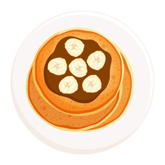 Pancakes with chocolate and bananas top view. Traditional breakfast. Appetizing pancakes close-up on a plate isolated on a white background. Vector illustration in cartoon style.