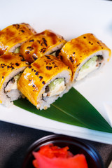 A set of sushi from many types of roles and with different stuffing. Sushi menu. Japanese gourmet sushi.