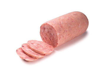 Boiled sausage isolated on white background. Slices.