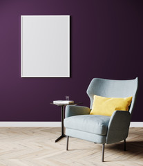 Blank frame mockup on empty purple wall with gray armchair on wooden floor,  bright living room interior background, 3d rendering