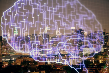 Brain hologram drawing on city scape background Double exposure. Brainstorming concept.
