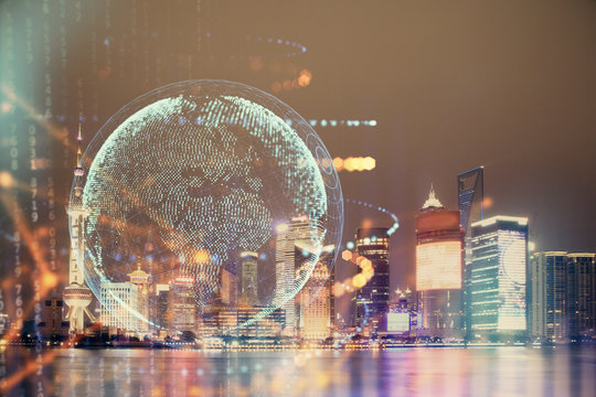 Map and data theme hologram on city view with skyscrapers background double exposure. International technology in business concept.