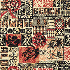 Hawaiian style tribal fabric patchwork vintage vector seamless pattern - obrazy, fototapety, plakaty