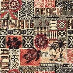 Gordijnen Hawaiiaanse stijl tribal stof patchwork vintage vector naadloze patroon © PrintingSociety