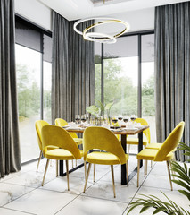 Luxury modern dinning room interior background for mockup with bright yellow chairs, table with dishes, panoramic windows and gold chandelier, dinning room interior mockup, 3d rendering