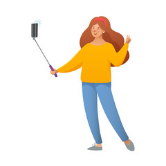 A girl takes a selfie. Cool happy girl making selfie photo with Smartphone. Vector illustration