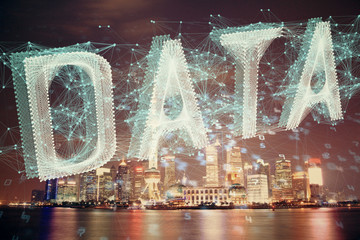 Data theme hologram drawing on city view with skyscrapers background multi exposure. Ai concept.