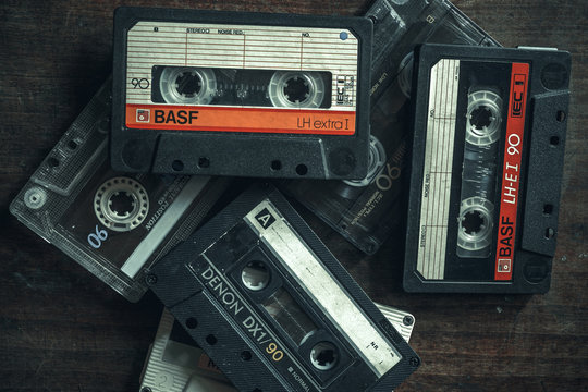Old tape audiotapes from the ' 80s on the table.