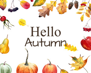 Autumn card with yellow leaves, berries, pumpkins, apple and pear. Watercolor illustration