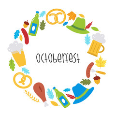 Oktoberfest greeting card with beer, sausage, pretzel, wheat, leaves, hat. Vector illustration in flat style. Perfect for posters, postcards, menu.