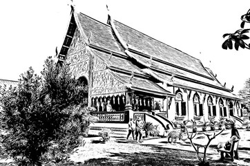 Fototapeta premium The ancient Thai architectural style, northern region of Thailand illustration creates a black and white style of drawing.