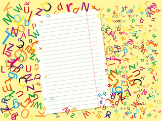A sheet of lined paper on a background with letters. Notebook with flying alphabet banner.
