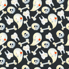 Obraz premium Watercolor seamless pattern with Halloween elements, ghosts, bones, pumpkins and stars. Hand drawn Halloween pattern.