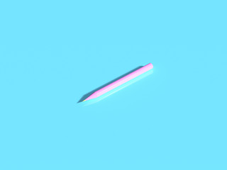 3d render. School pink pencil on pastel blue background. Minimal concept art. Isometric.