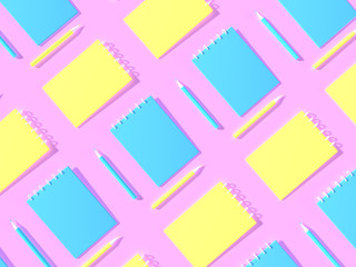 3d render. Pattern of school yellow and blue pencils with empty notebooks on pastel purple pink background. Minimal concept art. Surreal and isometric