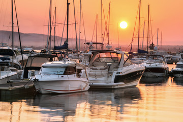 Boats and yachts on the quay in the seaport of Sozopol, Bulgaria.